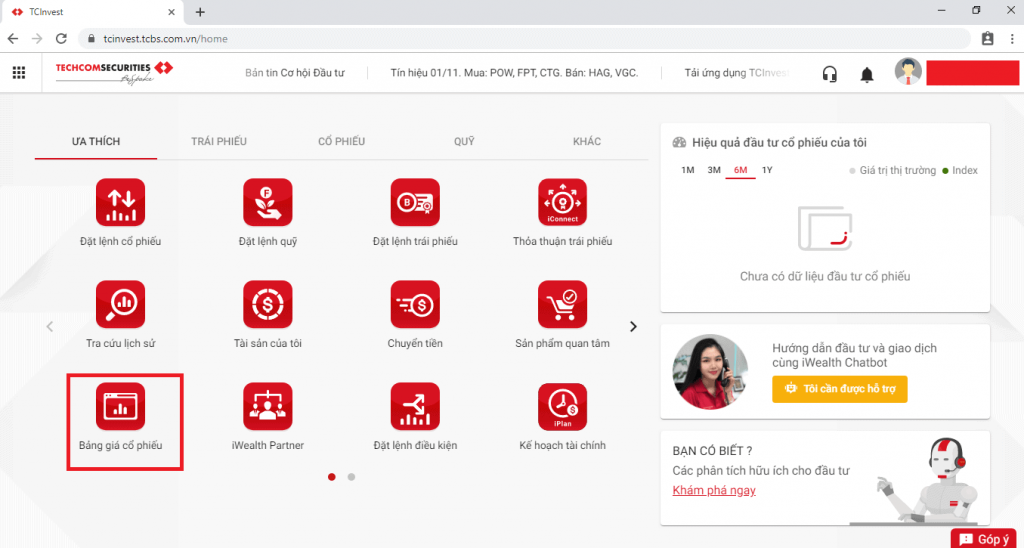 Chọn "Bảng giá cổ phiếu"
